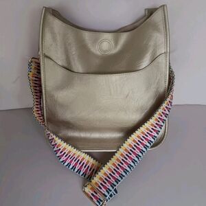 Elegant Gold Crossbody Bag with Multicolor Strap